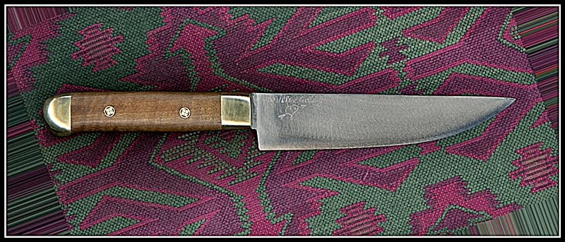 6" x 1.5" Korean style kitchen knife w/ double brass bolsters, Walnut and double chops as rivets.