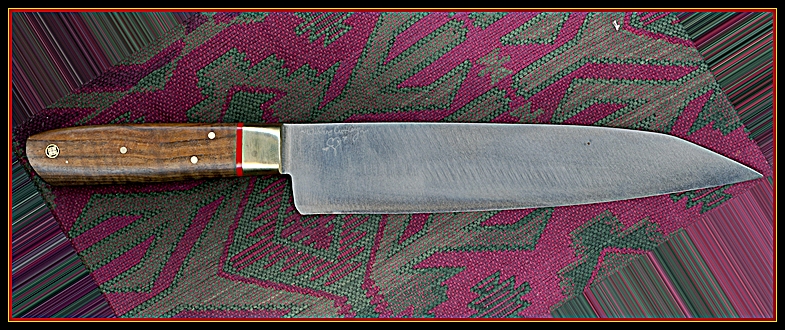 Sujihiki , 9" x 2", carbon steel, brass bolsters & pins,  with a single red spacer, English walnut
