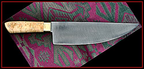 Korean style kitchen knife w/ stabilized Maple burl Asian style handle, 9" x 3", 3/32" thick O-1 tools steel.