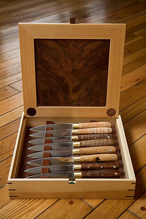 8 piece steak knife set, custom box, various woods & (see next 2 slides for close up)